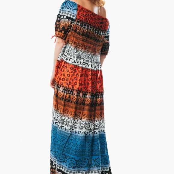 Colorful peasant maxi dress short sleeve off shoulder boho summer floral tie dye - Picture 3 of 5